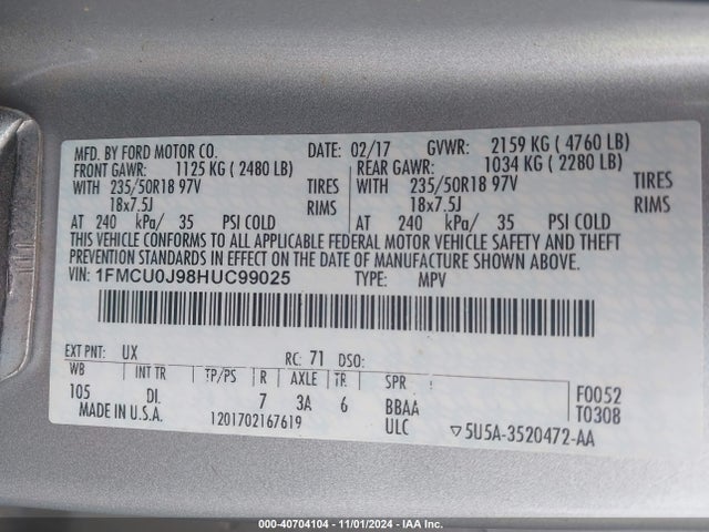 Ford Escape Titanium 2017 1FMCU0J98HUC99025 Image 9