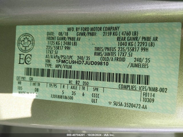 Ford ESCAPE SEL 2018 1FMCU9HD7JUD09810 Image 9