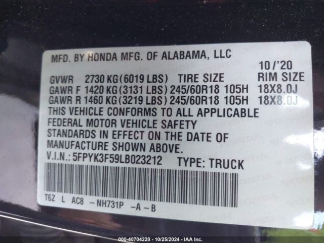 5FPYK3F59LB023212 Honda Ridgeline Awd Rtl