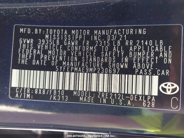 Toyota COROLLA LE 2021 5YFEPMAE9MP230697 Image 9