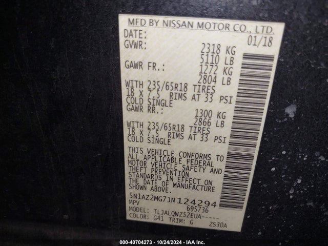 5N1AZ2MG7JN124294 Nissan Murano S/sl/sv/platinum