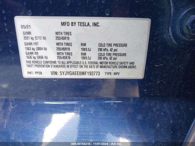 2021 TESLA MODEL Y 5YJYGAEE8MF193773 Photo 8