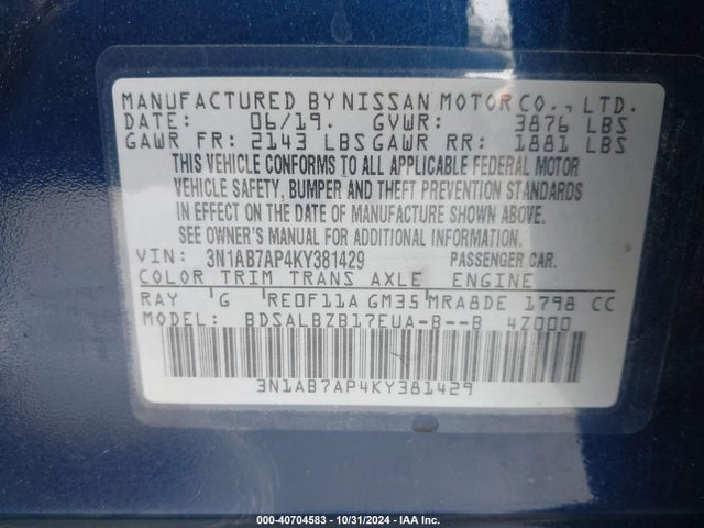 Nissan SENTRA S 2019 3N1AB7AP4KY381429 Image 9