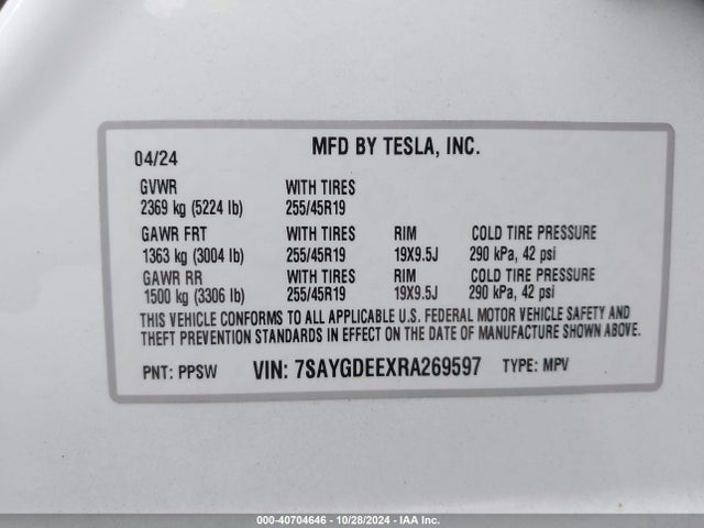 2024 TESLA MODEL Y 7SAYGDEEXRA269597 Photo 8
