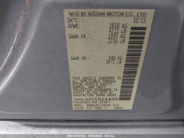 Nissan Altima 2.5 Sl 2015 1N4AL3AP1FN914400 Image 9