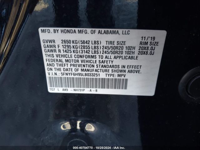 5FNYF6H95LB033251 Honda Pilot Awd Touring 8 Passenger