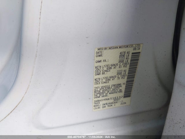 1N6BA1F49GN516132 Nissan Titan Xd Sl Diesel