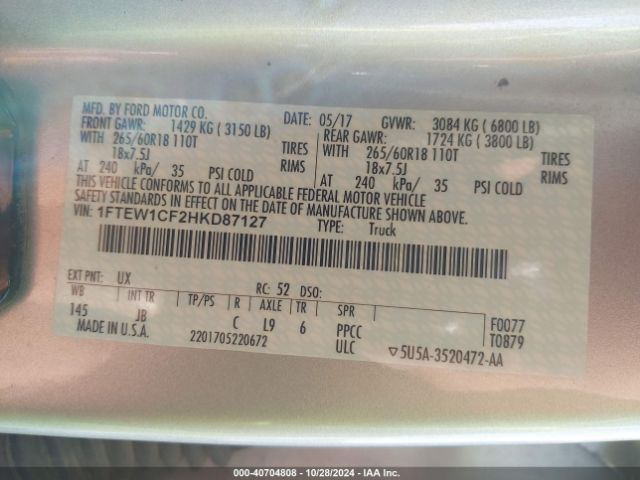 1FTEW1CF2HKD87127 Ford F-150 Xlt