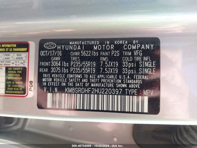 Hyundai Santa Fe Se Ultimate 2017 KM8SRDHF2HU220397 Image 9