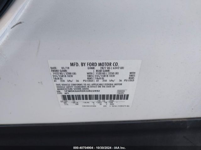 1FM5K8AR0KGB22892 Ford Police Interceptor Utility
