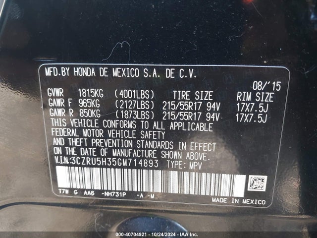 Honda HR-V LX 2016 3CZRU5H35GM714893 Image 9