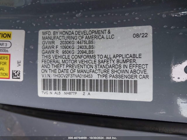 1HGCV2F37NA016453 Honda Accord Sport 2.0t