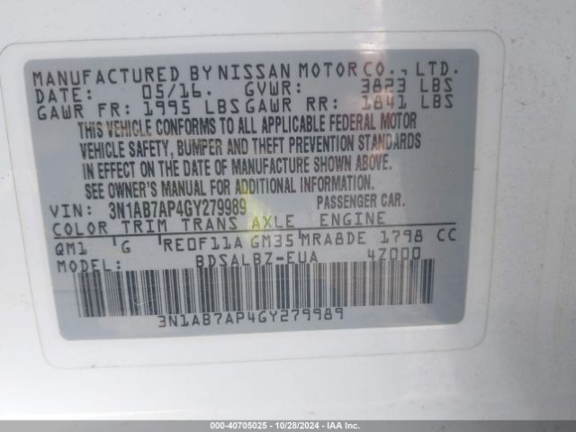 3N1AB7AP4GY279989 Nissan Sentra Fe+ S/s/sl/sr/sv