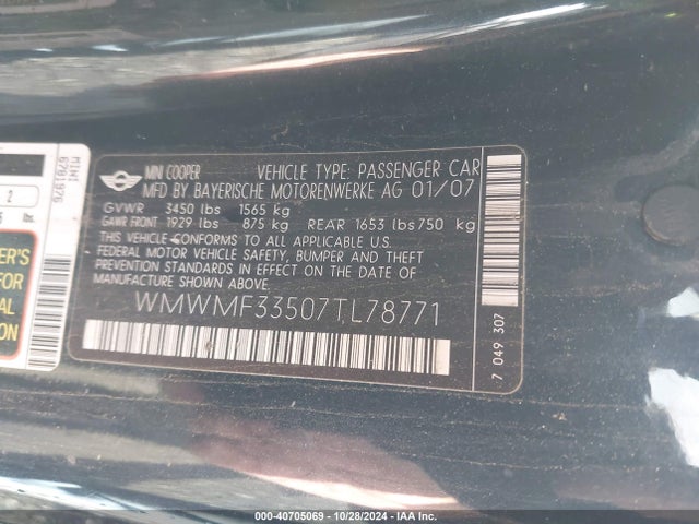 2007 MINI COOPER HARDTOP WMWMF33507TL78771 Photo 8