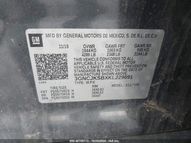 3GNCJKSBXKL229691 Chevrolet TRAX LS