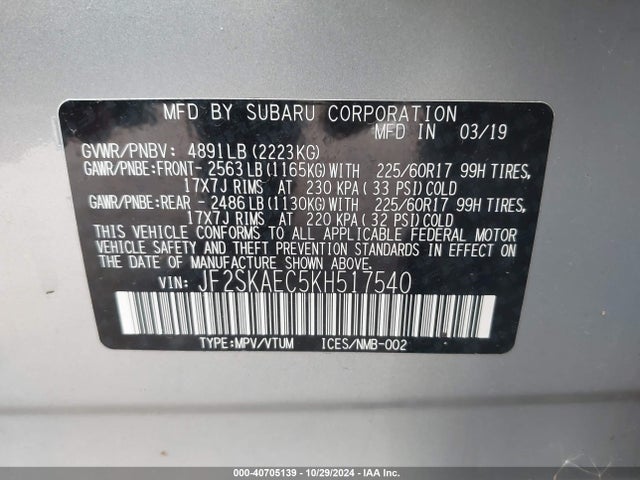 Subaru Forester Premium 2019 JF2SKAEC5KH517540 Image 9