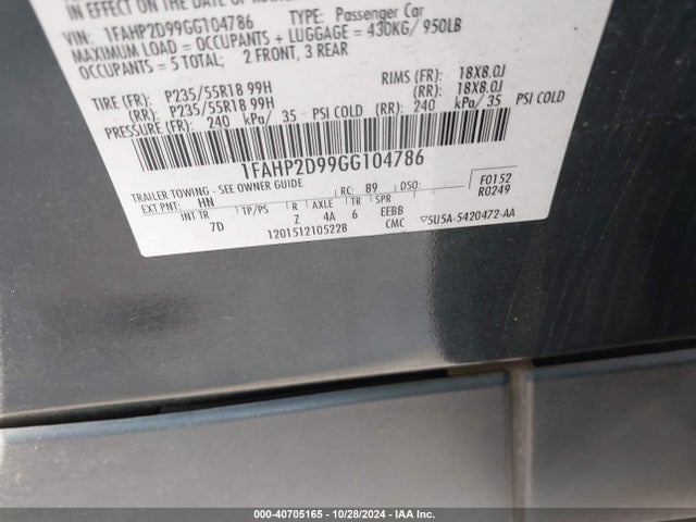 Ford TAURUS SE 2016 1FAHP2D99GG104786 Image 9