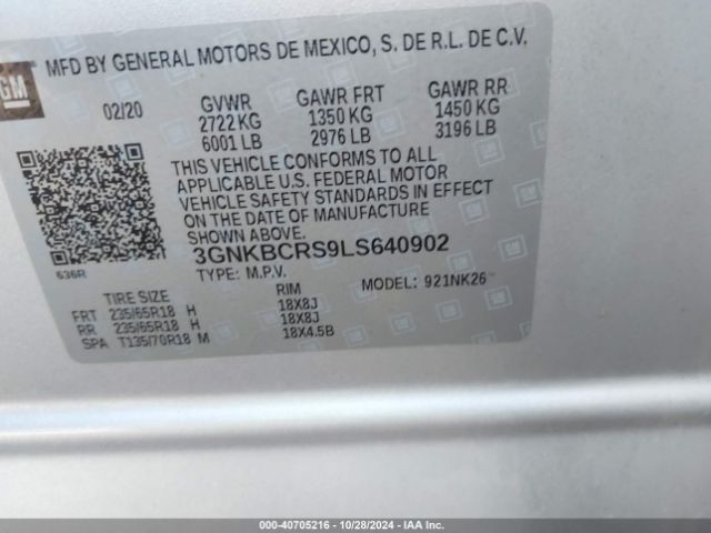 3GNKBCRS9LS640902 Chevrolet Blazer Fwd 2lt