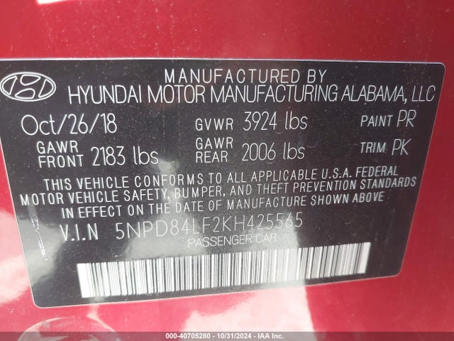 Hyundai ELANTRA SEL 2019 5NPD84LF2KH425565 Image 9