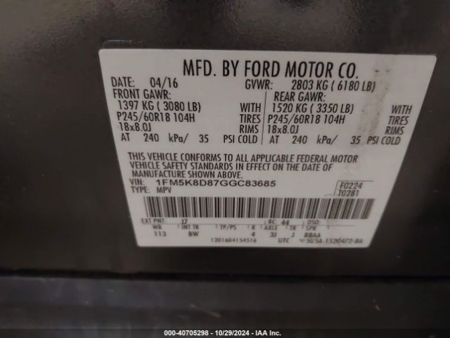 1FM5K8D87GGC83685 Ford EXPLORER XLT