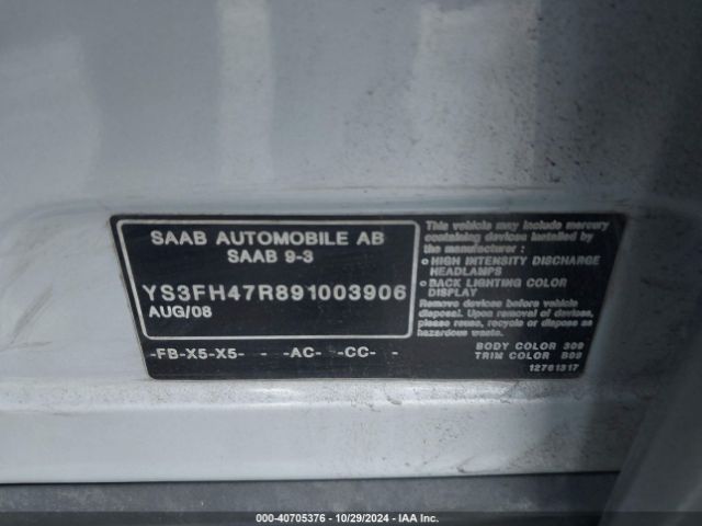 2009 SAAB 9-3 YS3FH47R891003906 Photo 8