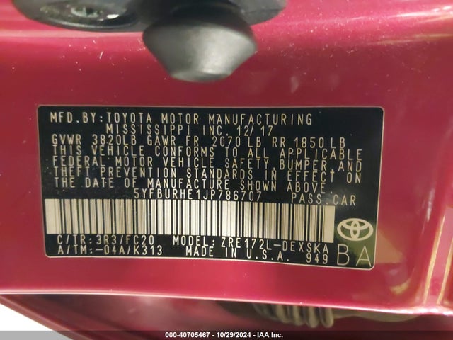 Toyota COROLLA SE 2018 5YFBURHE1JP786707 Image 9
