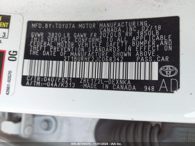 2T1BURHE2JC068342 Toyota COROLLA LE