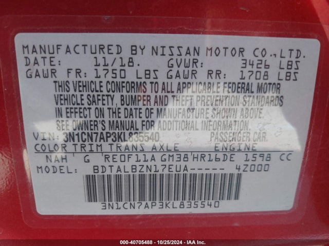 Nissan Versa 1.6 Sv 2019 3N1CN7AP3KL835540 Image 9