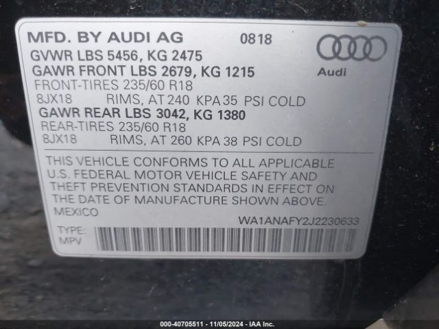 WA1ANAFY2J2230633 Audi Q5 2.0t Premium/2.0t Tech Premium