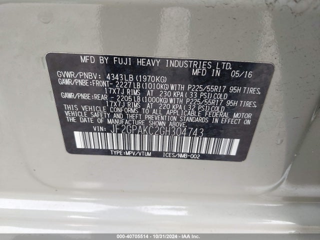 40705514 :رقم المزاد ، JF2GPAKC2GH304743 vin ، 2016 Subaru Crosstrek 2.0i Limited مزاد بيع