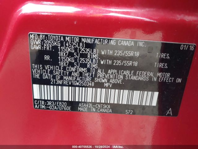 2T3NFREV1GW250348 Toyota RAV4 SE