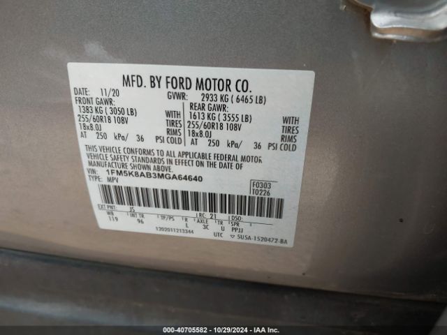 1FM5K8AB3MGA64640 Ford Police Interceptor Utility