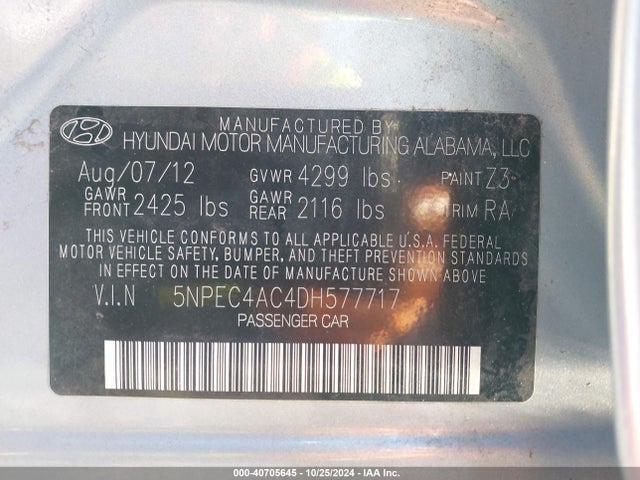 Продажа на аукционе авто 2013 Hyundai Sonata Limited, vin: 5NPEC4AC4DH577717, номер лота: 40705645