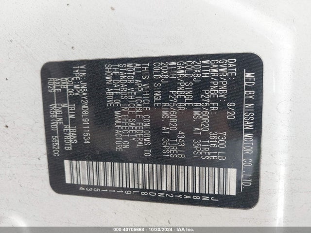 Nissan Armada Sl 2wd 2020 JN8AY2ND8L9111534 Image 9