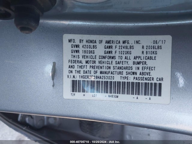 Honda ACCORD LX 2017 1HGCR2F39HA253020 Image 9