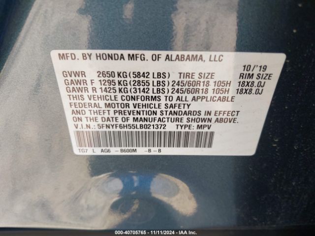 5FNYF6H55LB021372 Honda Pilot Awd Ex-l