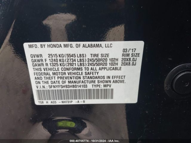 5FNYF5H93HB014103 Honda Pilot Touring