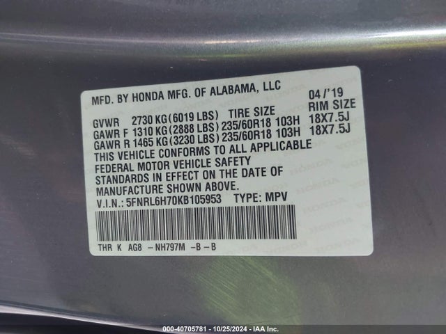 Honda Odyssey Ex-l 2019 5FNRL6H70KB105953 Image 9
