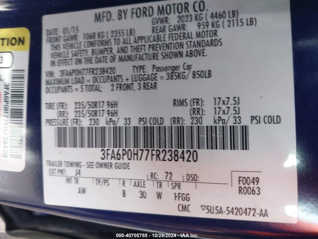 Ford FUSION SE 2015 3FA6P0H77FR238420 Image 9