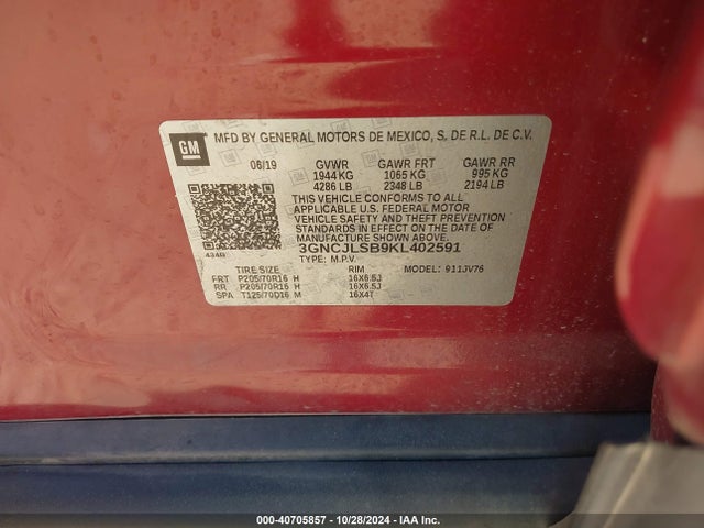 Chevrolet Trax Lt 2019 3GNCJLSB9KL402591 Image 9