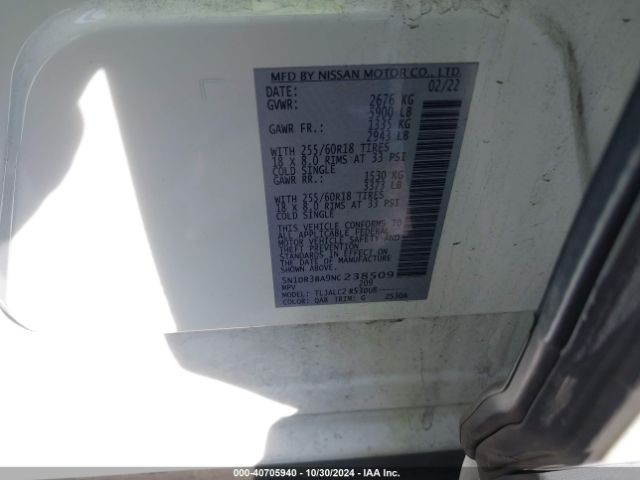 5N1DR3BA9NC238509 Nissan Pathfinder Sv 2wd
