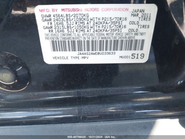 2011 MITSUBISHI OUTLANDER JA4AS2AW0BU033633 Photo 8