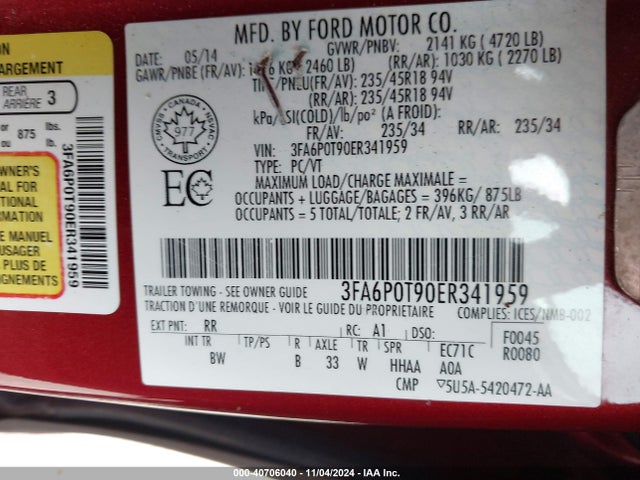 3FA6P0T90ER341959 Ford FUSION SE