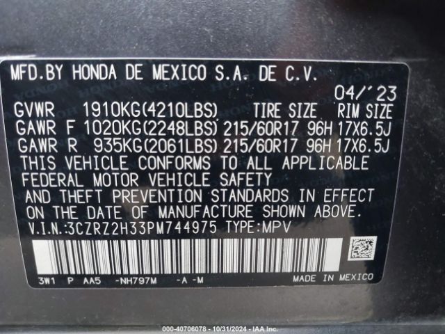 3CZRZ2H33PM744975 Honda Hr-v Awd Lx