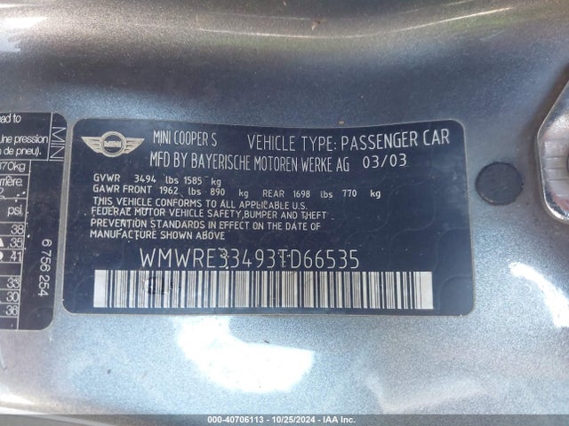 2003 MINI COOPER S WMWRE33493TD66535 Photo 8