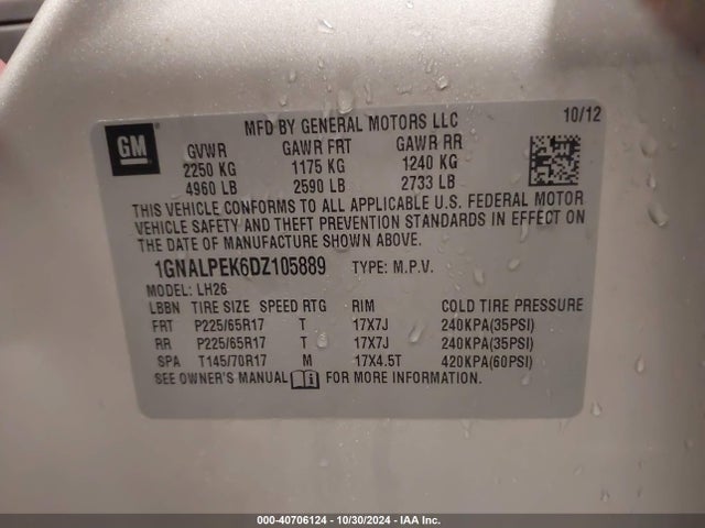 Aukcja sprzedaży 2013 Chevrolet Equinox 2lt, vin: 1GNALPEK6DZ105889, numer aukcji: 40706124