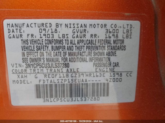 3N1CP5CU3JL537280 Nissan KICKS SV