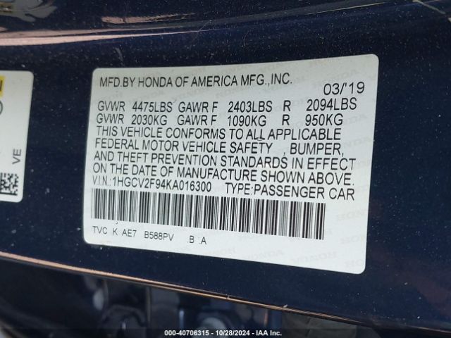 1HGCV2F94KA016300 Honda Accord Touring 2.0t