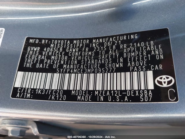 Toyota COROLLA SE 2021 5YFP4MCE3MP095277 Image 9