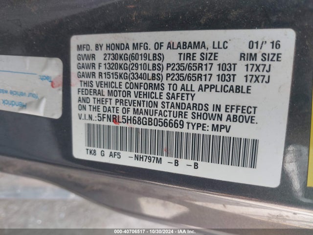 Honda ODYSSEY EXL 2016 5FNRL5H68GB056669 Image 9